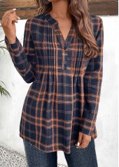 Navy Tuck Stitch Plaid Long Sleeve Split Neck Blouse | thumb picture 