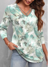 Green Circular Ring Floral Print Long Sleeve T Shirt