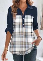 Blue Patchwork Plaid Half Sleeve Shirt Collar Blouse