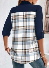 Blue Patchwork Plaid Half Sleeve Shirt Collar Blouse | thumb picture 