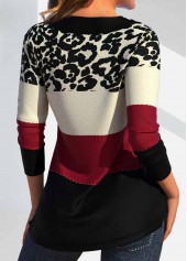 Wine Red Button Leopard Long Sleeve T Shirt | thumb picture 