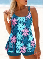 Circular Ring Mid Waisted Tropical Plants Print Tankini Set