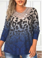 Dark Blue Asymmetry Plus Size Leopard T Shirt