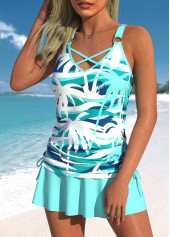 Criss Cross Mid Waisted Tropical Plants Print Tankini Set | thumb picture 