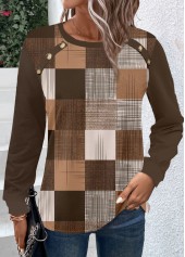 Dark Coffee Button Geometric Print Long Sleeve T Shirt | thumb picture 