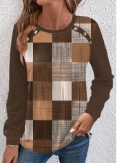 Dark Coffee Button Geometric Print Long Sleeve T Shirt