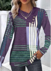 Patchwork Geometric Print Long Sleeve Asymmetrical Neck T Shirt