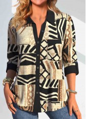 Light Camel Button African Tribal Print Shirt Collar Blouse