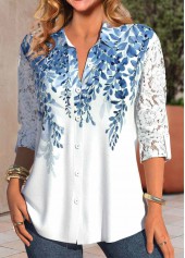 White Lace Leaf Print Long Sleeve Shirt Collar Blouse | thumb picture 