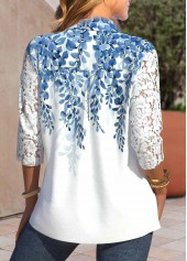 White Lace Leaf Print Long Sleeve Shirt Collar Blouse | thumb picture 