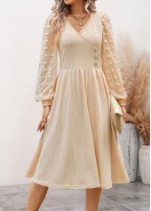 Beige Patchwork Long Sleeve V Neck Dress