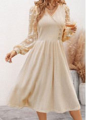 Beige Patchwork Long Sleeve V Neck Dress | thumb picture 