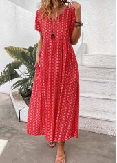 Red Pocket Geometric Print Maxi A Line Dress