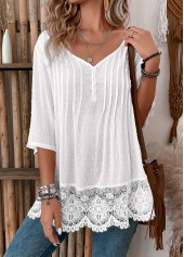 White Patchwork 3/4 Sleeve V Neck Blouse | thumb picture 