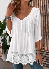 White Patchwork 3/4 Sleeve V Neck Blouse
