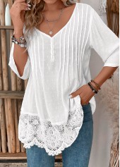 White Patchwork 3/4 Sleeve V Neck Blouse | thumb picture 