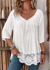 White Patchwork 3/4 Sleeve V Neck Blouse | thumb picture 