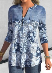 Denim Blue Patchwork Floral Print Long Sleeve Blouse | thumb picture 
