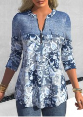 Denim Blue Patchwork Floral Print Long Sleeve Blouse