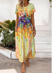 Yellow Pocket Random Floral Print Maxi Shift Dress