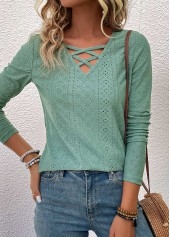 Green Criss Cross Long Sleeve V Neck T Shirt