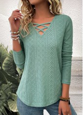Green Criss Cross Long Sleeve V Neck T Shirt