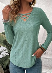 Green Criss Cross Long Sleeve V Neck T Shirt