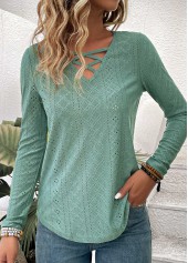Green Criss Cross Long Sleeve V Neck T Shirt