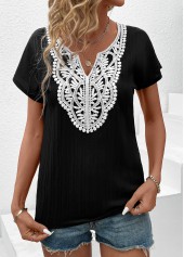 Black Patchwork Short Sleeve Split Neck T Shirt | thumb picture 