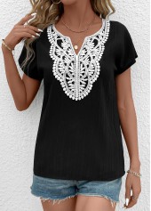 Black Patchwork Short Sleeve Split Neck T Shirt