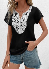 Black Patchwork Short Sleeve Split Neck T Shirt | thumb picture 