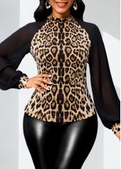 Dark Camel Patchwork Leopard Long Sleeve Stand Collar Blouse