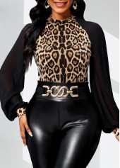 Dark Camel Patchwork Leopard Long Sleeve Stand Collar Blouse | thumb picture 