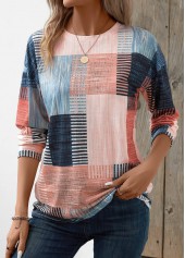 Pink Patchwork Geometric Print Long Sleeve T Shirt