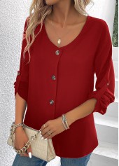 Wine Red Button Long Sleeve V Neck Blouse | thumb picture 