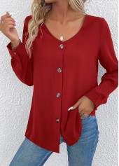 Wine Red Button Long Sleeve V Neck Blouse