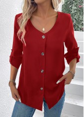 Wine Red Button Long Sleeve V Neck Blouse | thumb picture 