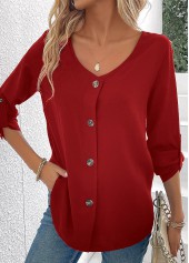 Wine Red Button Long Sleeve V Neck Blouse | thumb picture 