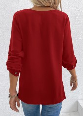Wine Red Button Long Sleeve V Neck Blouse | thumb picture 