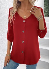 Wine Red Button Long Sleeve V Neck Blouse | thumb picture 