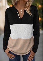 Black Button Long Sleeve Split Neck T Shirt