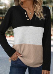 Black Button Long Sleeve Split Neck T Shirt | thumb picture 