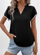 Black Patchwork Short Sleeve V Neck T Shirt