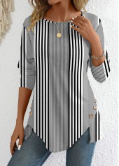Black Patchwork Striped Long Sleeve Round Neck T Shirt