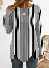 Black Patchwork Striped Long Sleeve Round Neck T Shirt | thumb picture 