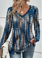 Peacock Blue Patchwork Leopard Long Sleeve T Shirt