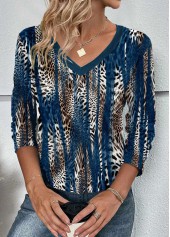 Peacock Blue Patchwork Leopard Long Sleeve T Shirt | thumb picture 