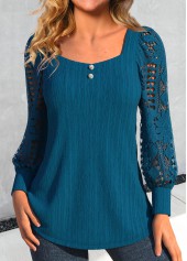 Peacock Blue Lace Long Sleeve Square Neck Blouse