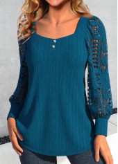 Peacock Blue Lace Long Sleeve Square Neck Blouse | thumb picture 