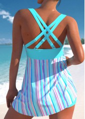 Drawstring High Waisted Striped Cyan Swimdress and Shorts | thumb picture 